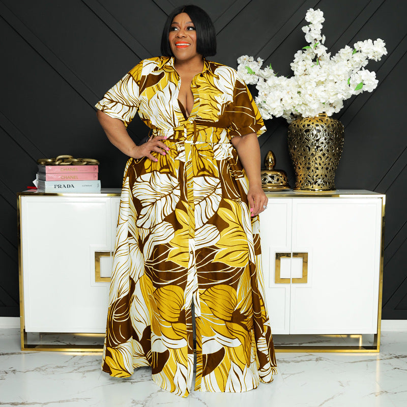 Women Plus Size Summer Floral Printed Casual Long Sleeve Maxi Dress