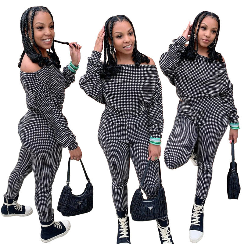 Conjunto de dos piezas de top y pantalón holgados informales de manga larga con cuello oblicuo y estampado a cuadros para mujer