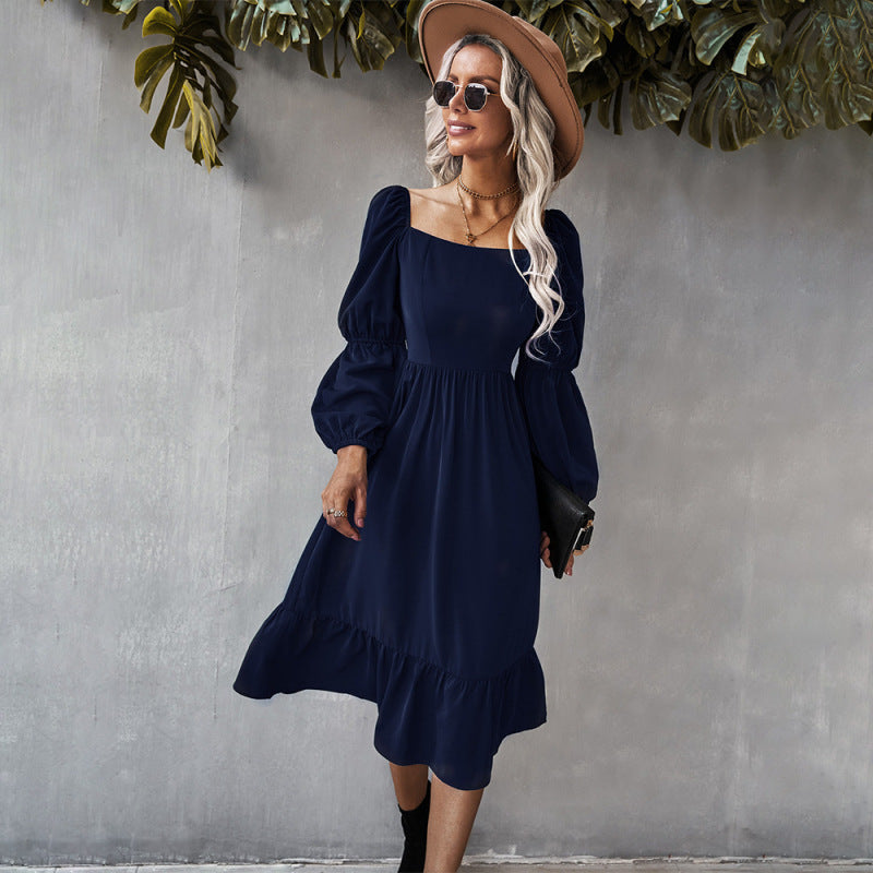 Women Casual Holiday Style Solid Color Square Neck Lantern Long-Sleeved Dress