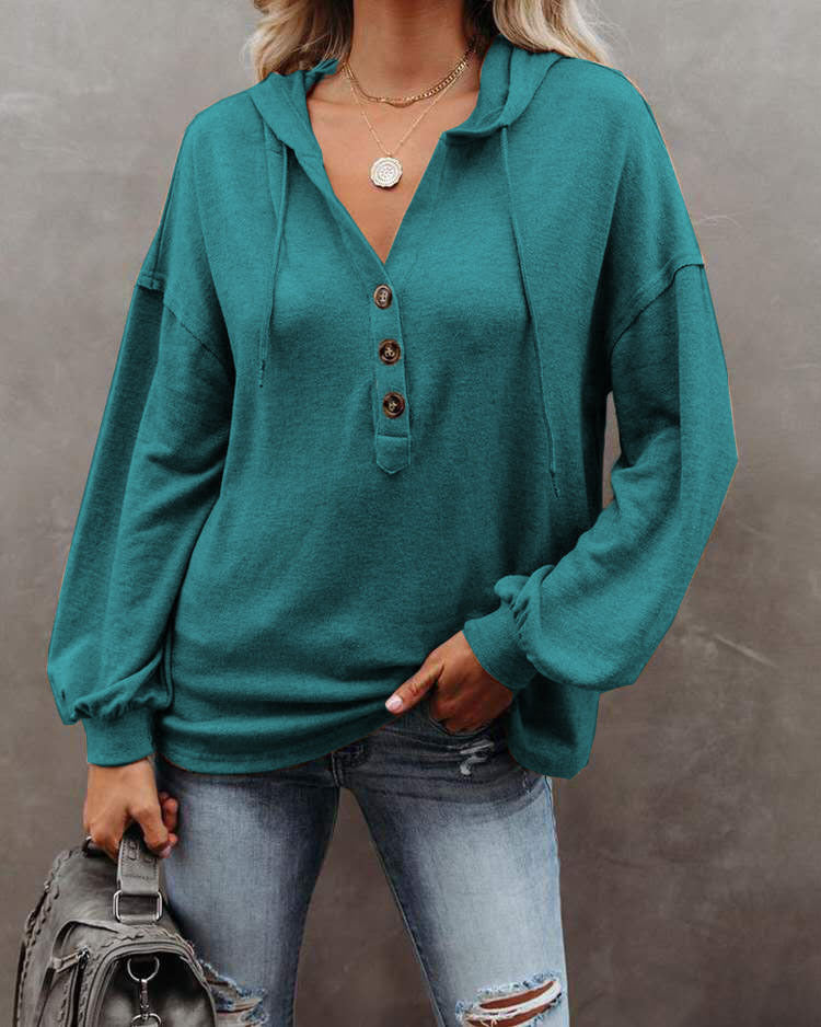 Women Casual Solid Color Long Sleeves Hooded Loose Solid Color Top