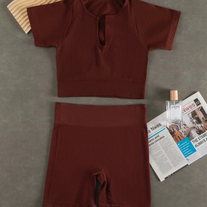 Women Fashion Casual Solid Color Sports Yoga Short Sleeve Top Shorts Set