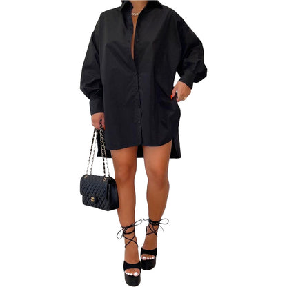 Women Casual Basic Solid Color Sideslit Single-breasted Shirt Dress