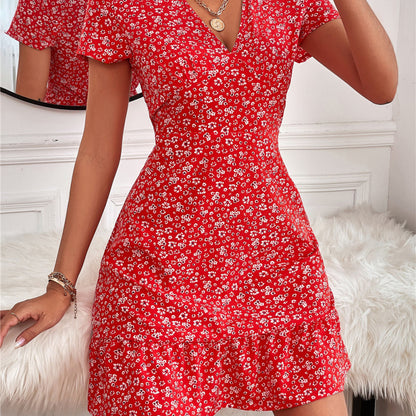 Summer Vacation Women V-Neck Short Sleeve Ruffled Casual Dress