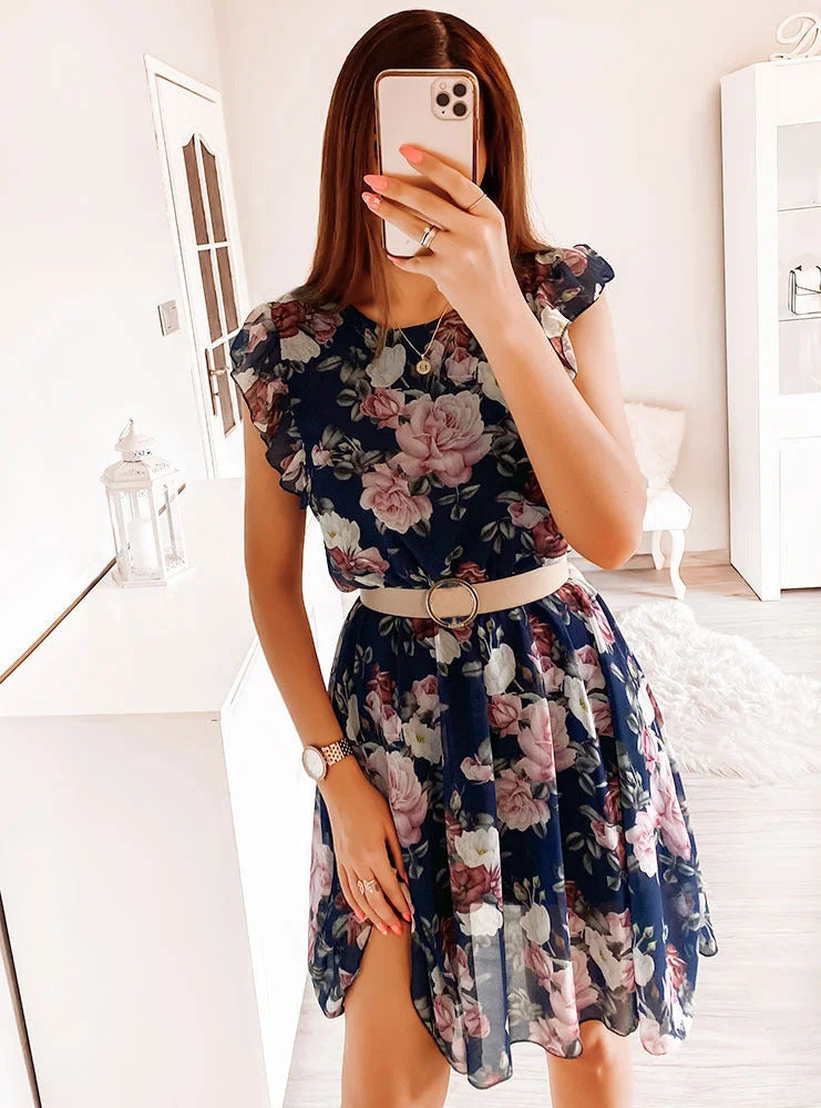 Vestido informal de gasa con volantes y manga corta con estampado floral para mujer