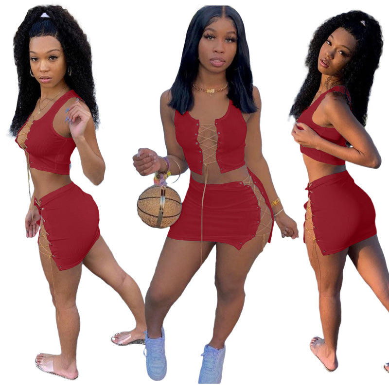 Women Fashion Casual Solid Color Hollow Mental Chain Strap Crop Top And Skirt Two Pieces Set