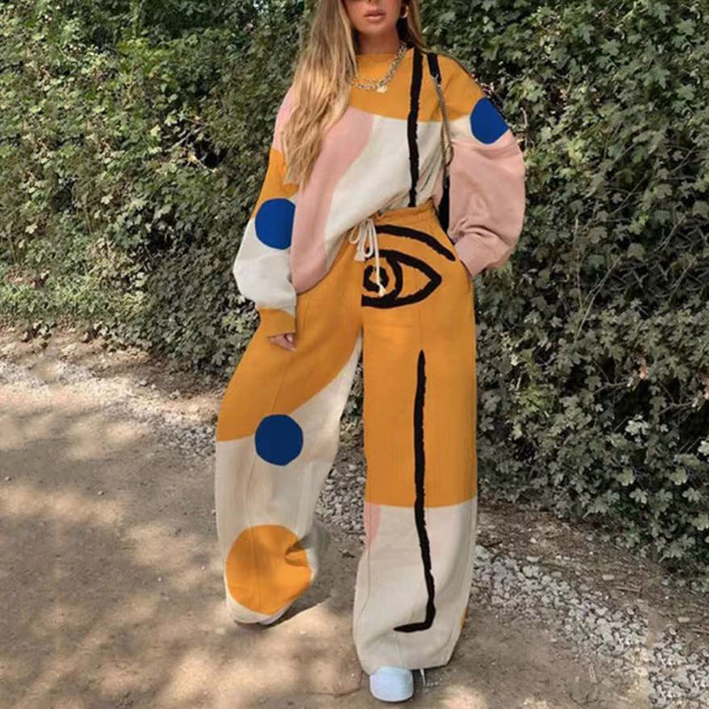 Conjunto de top y pantalón básico de manga larga con cuello redondo y estampado holgado para mujer