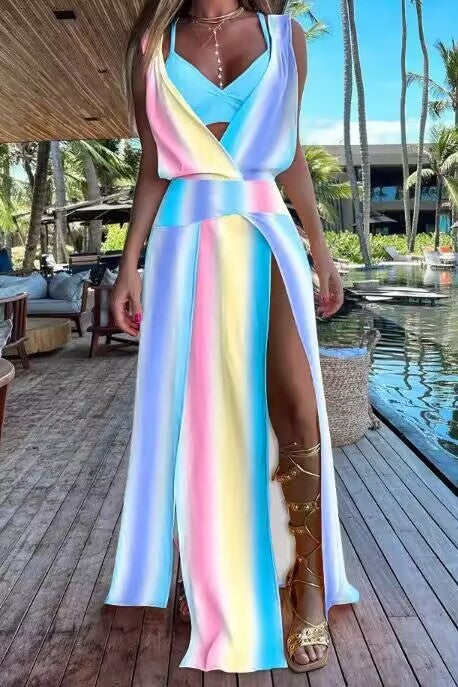 Vestido largo informal de moda para mujer, con estampado floral, sin mangas y abertura lateral