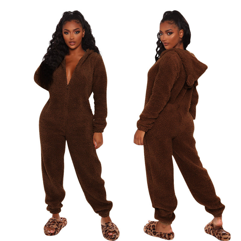 Women Long Sleeve Hooded Plush Casual Jumpsuits Pajamas