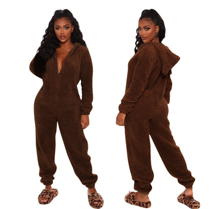 Women Long Sleeve Hooded Plush Casual Jumpsuits Pajamas