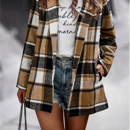 Chaqueta de punto de manga larga con bolsillo y estampado a cuadros holgado e informal de invierno para mujer