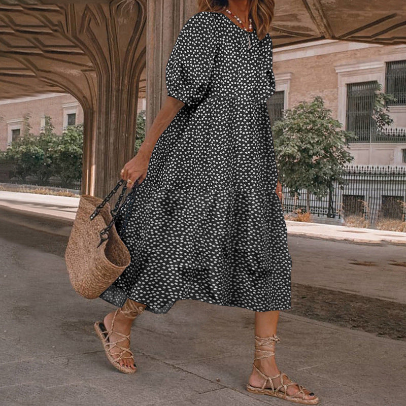 Summer Women Casual Bohemian Short Sleeves Polka Dot Print Loose Ruffle Dress