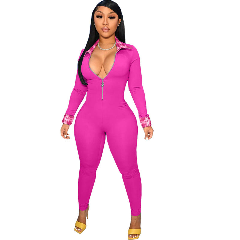 Women Stitching Lapel Zipper Long Sleeve Slim Fit Casual Jumpsuit