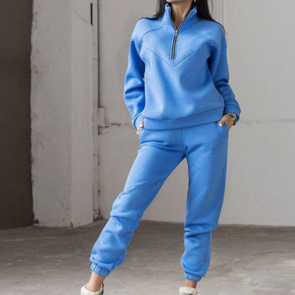 Conjunto de dos piezas de jersey deportivo informal con capucha y manga larga de color liso para mujer