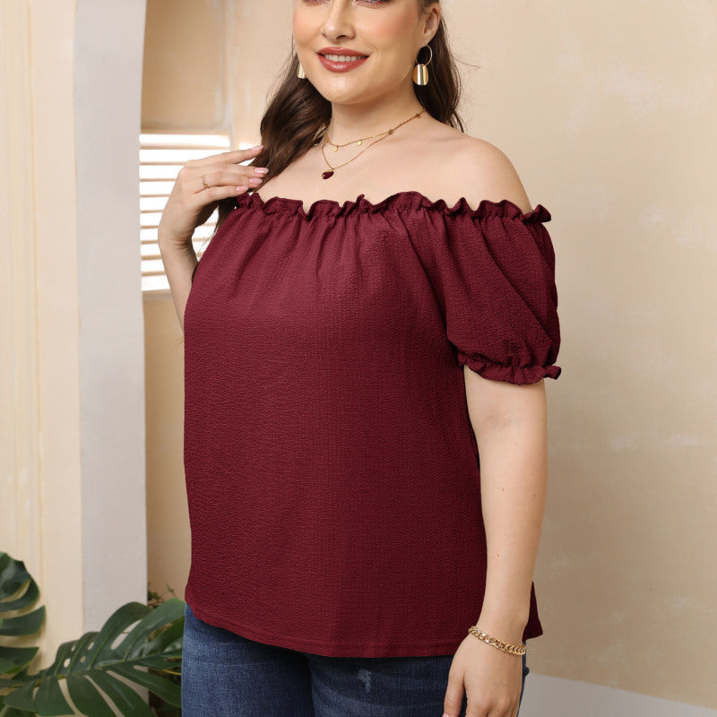 Women Fashion Casual Solid Color Off-The-Shoulder Short Sleeve Top