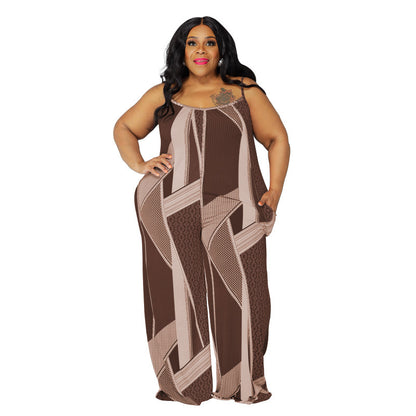 Plus Size Women Sling Print Loose Casual Jumpsuit
