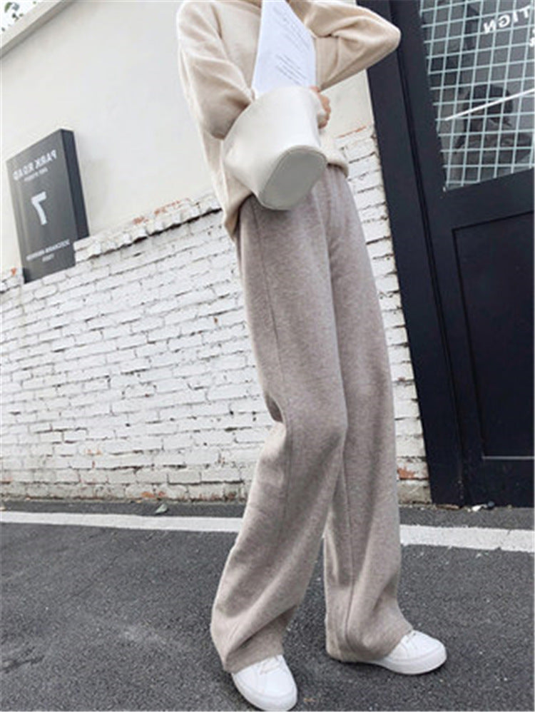 Women Casual Pants Thickened Knitted Wide-Leg High-Waisted Straight-Leg Pendant Long Pants