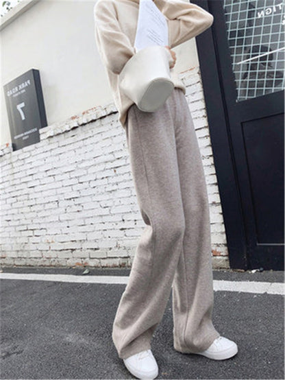 Women Casual Pants Thickened Knitted Wide-Leg High-Waisted Straight-Leg Pendant Long Pants