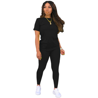 Conjunto de dos piezas de camiseta y pantalón de manga corta para mujer, informal, de color liso