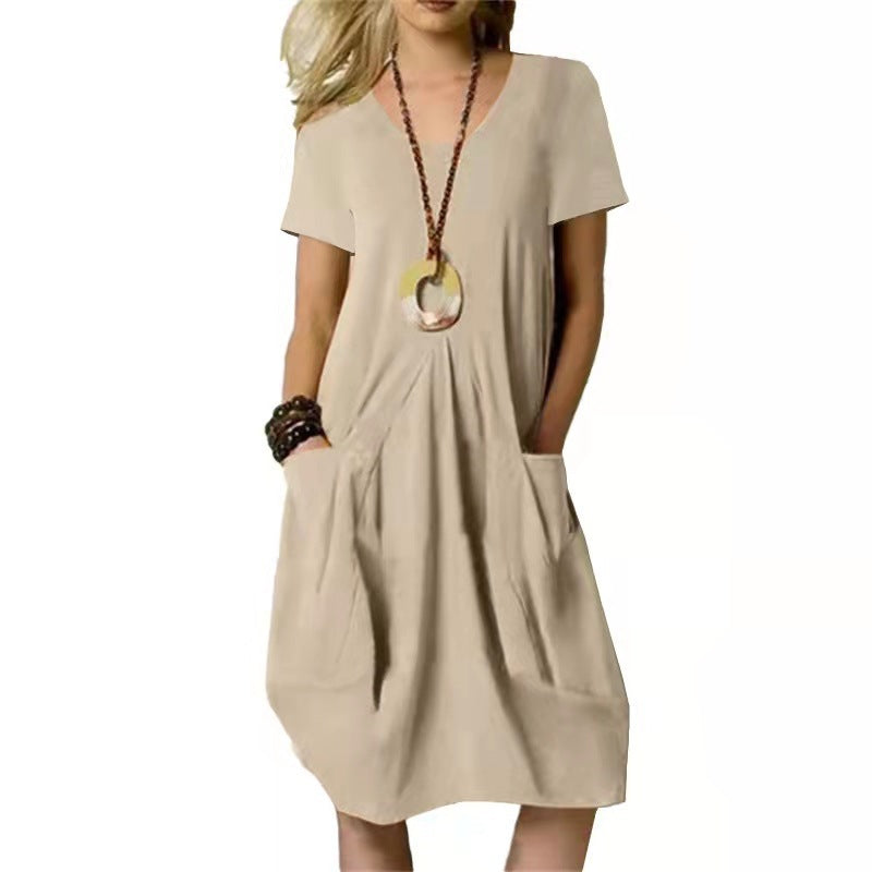 Women'S Fashion Casual Cotton Linen Solid Color Loose Round Neck Short Sleeve Dress