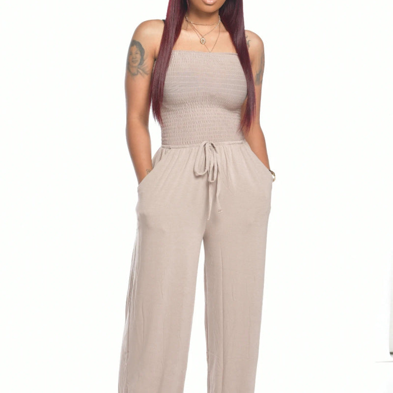 Women Casual Flat Shoulder Wrap Chest Wide Leg Jumpsuit