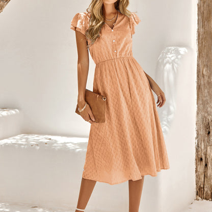 Women Casual Solid Color V-Neck Defined Waist Dress