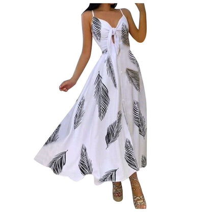 Women Casual Sexy Vacation Floral Print Knit Strap Swing Maxi Dress