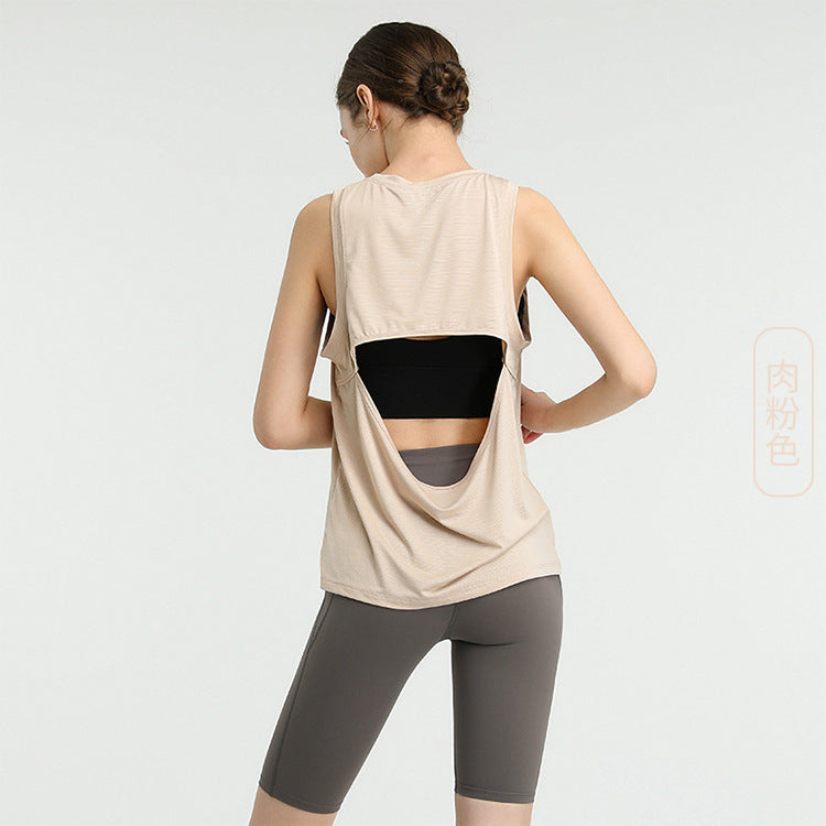 Women Casual Loose Solid Color Round Neck Sleeveless Back Cut Out Sports Tank Top