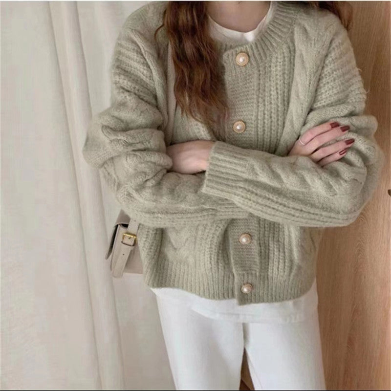 Suéter tipo cárdigan liso de manga larga con cuello redondo y tejido trenzado para mujer, informal, de invierno