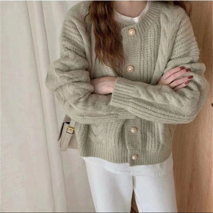 Suéter tipo cárdigan liso de manga larga con cuello redondo y tejido trenzado para mujer, informal, de invierno