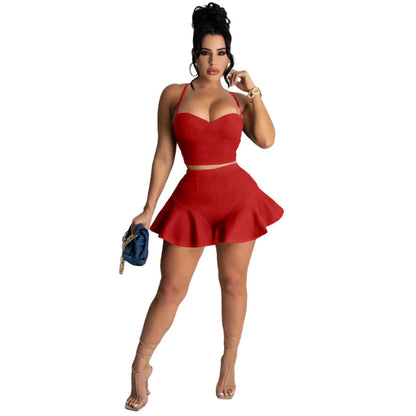 Women Casual Solid Color Slim Fit Vest Top And Ruffle Shorts Two Pieces Suit