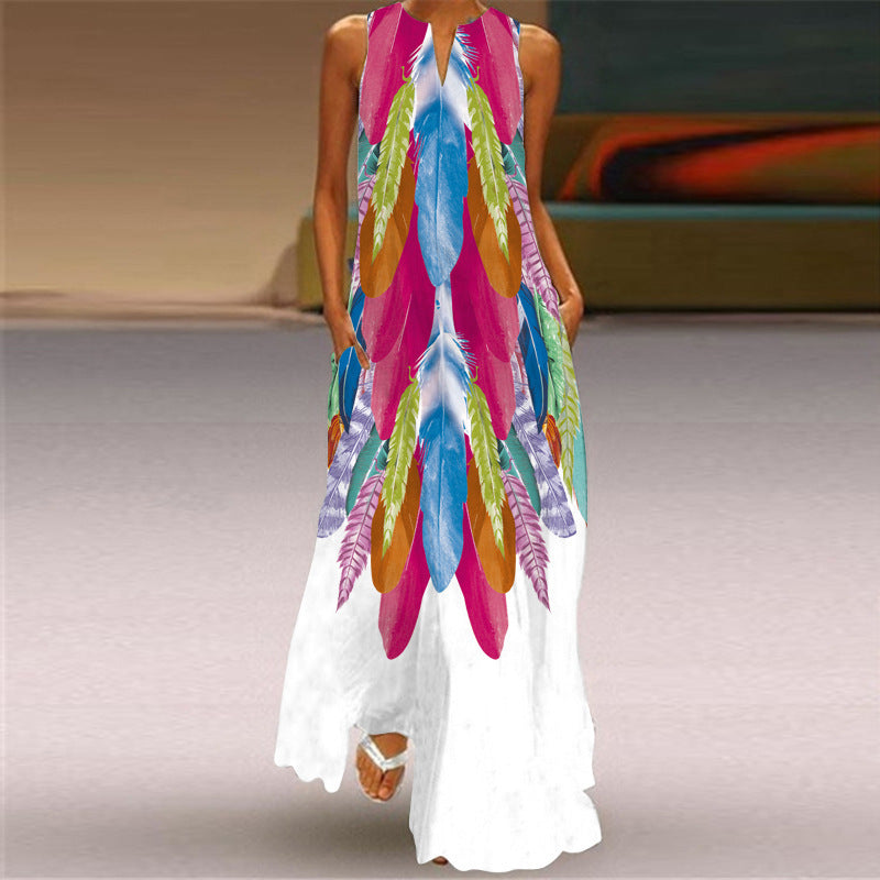 Vestido largo holgado informal de verano con escote en V y sin mangas con estampado para mujer