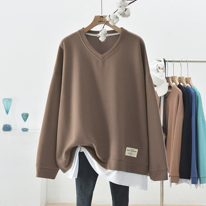 Sudadera informal de manga larga con cuello en V y costuras de color liso para mujer, holgada, de talla grande