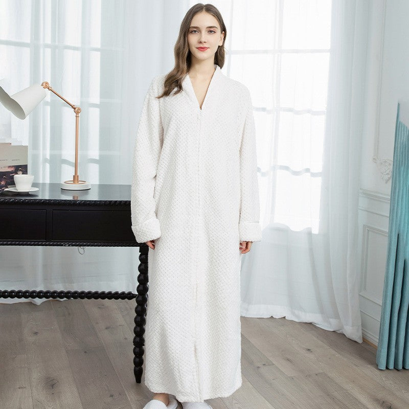 Couples Winter Fashion Casual Home Solid Color Flannel V Neck Long Sleeve Zipper Robes Sleepwear
