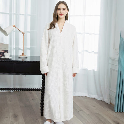 Couples Winter Fashion Casual Home Solid Color Flannel V Neck Long Sleeve Zipper Robes Sleepwear