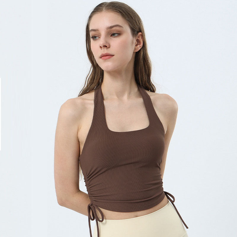 Women Casual Tight Solid Color Halter Neck Sleeveless Backless Drawstring Sports Tank Top