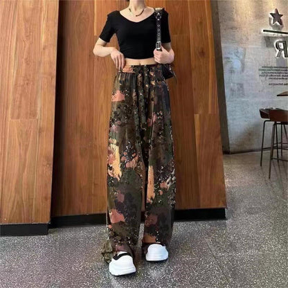Women Summer Basic Casual Tie-Dye High Waist Ice Silk Wide-Leg Trousers