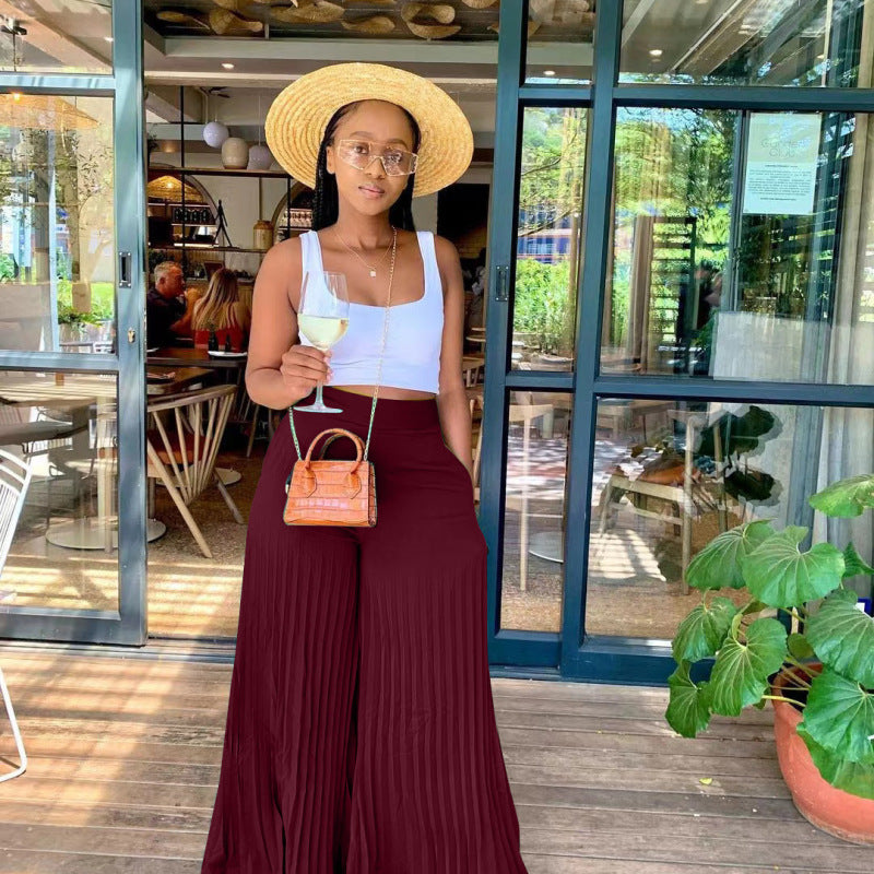 Women Fashion Casual Solid Color Pleated Wide Leg Pants