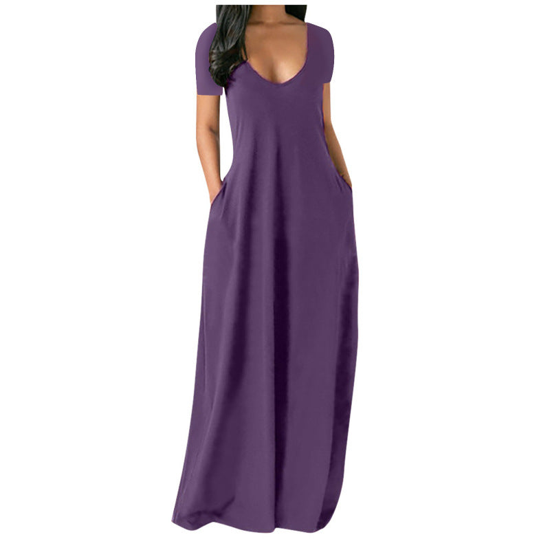 Summer Plus Size Women Basic Solid Color Casual V Neck Short-Sleeved Maxi Dress With Pockets