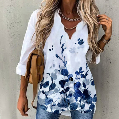 Autumn Winter Women Casual Wavy Neckline Long Sleeve Floral Blouse