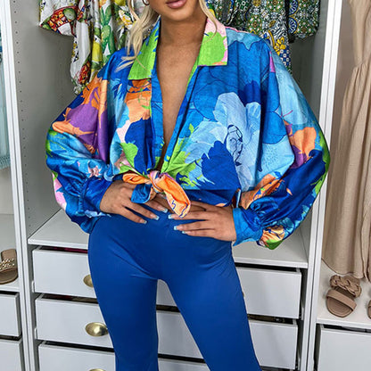 Blusa informal holgada de manga larga con estampado floral multicolor para mujer