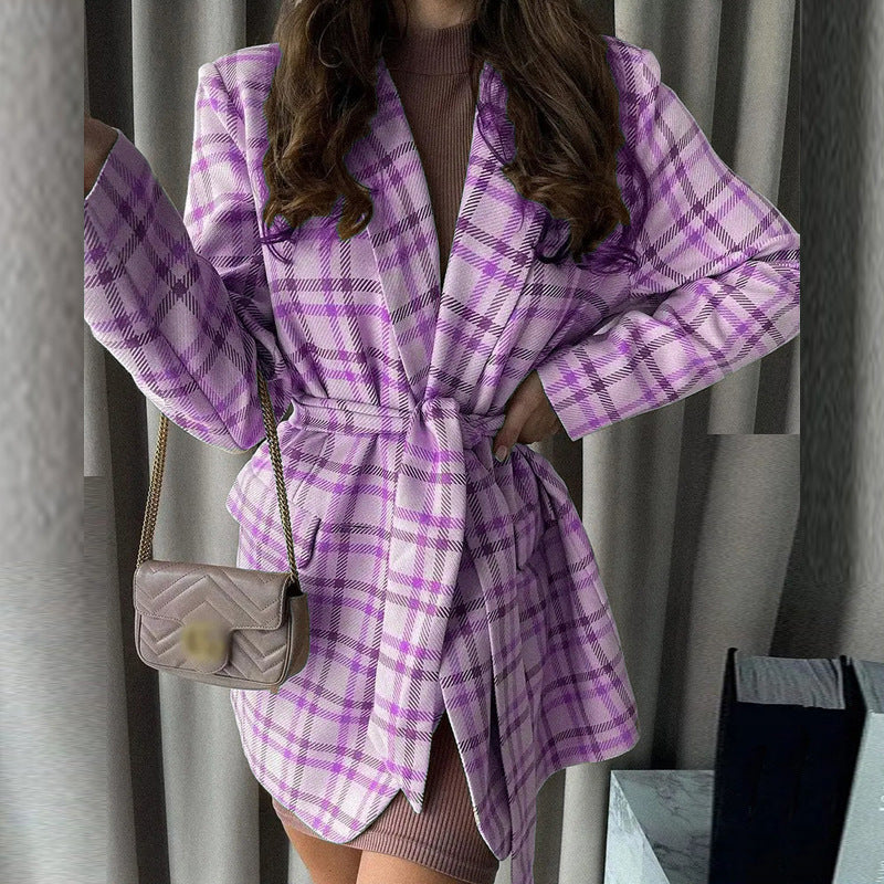 Chaqueta elegante de invierno holgada informal a cuadros con cordones y manga larga para mujer
