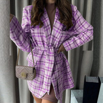 Chaqueta elegante de invierno holgada informal a cuadros con cordones y manga larga para mujer