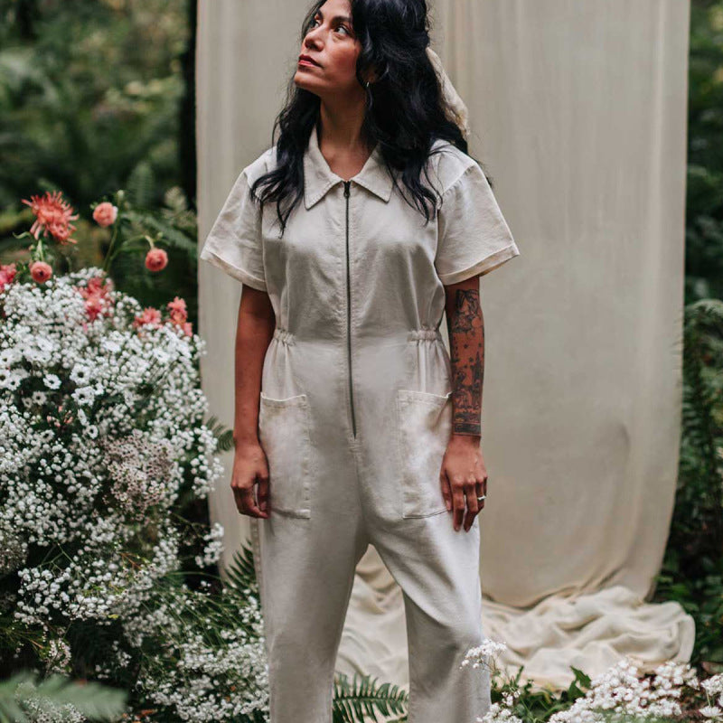 Plus Size Summer New Women Casual Fashion Solid Color Short Sleeve Lapel Zipper Cargo Jumpsuits