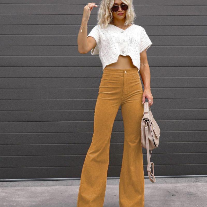 Women Solid Color Casual High Waist Corduroy Flared Pants