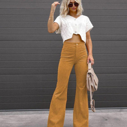 Women Solid Color Casual High Waist Corduroy Flared Pants