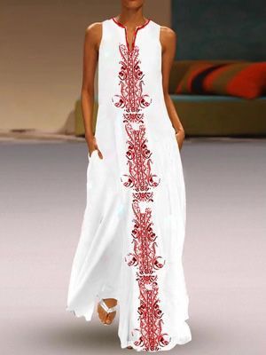 Women Boho Vintage Print Sleeveless V-Neck Loose Casual Maxi Dress