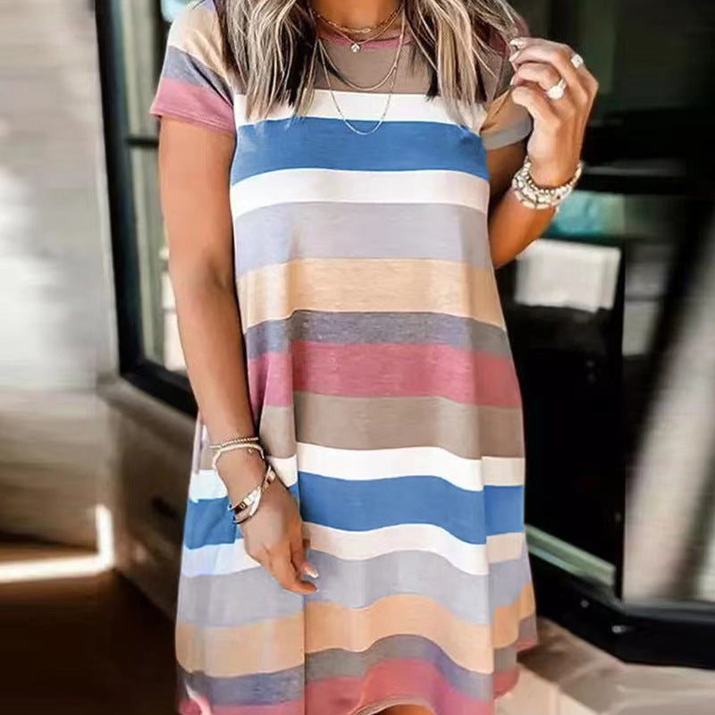 Summer Women Loose Casual Fashion Stripe Print Short Sleeve Dress