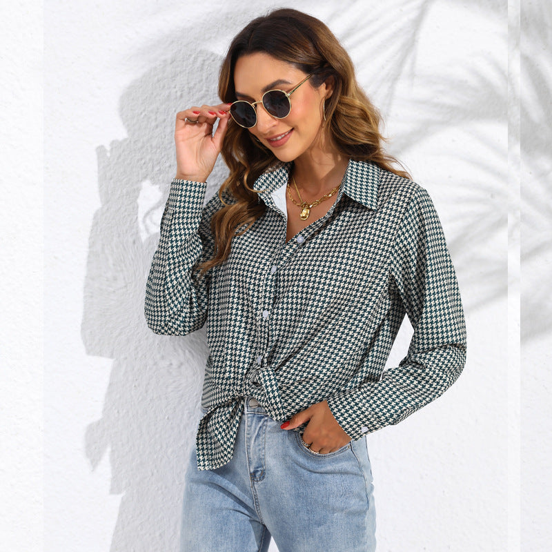 Blusas casuales de manga larga con estampado de cuadros a la moda para mujer