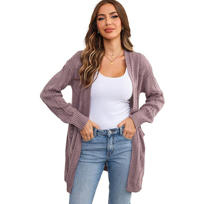 Chaqueta cárdigan de punto de color sólido informal para mujer de otoño e invierno