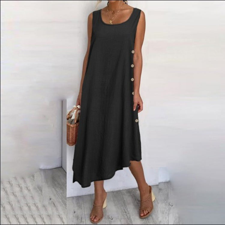 Vestido largo informal de lino y algodón con botones y vuelo irregular para mujer de verano